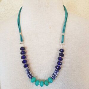 Royal Blue & Mint Blue Leather Tribal Print Long Statement Necklace